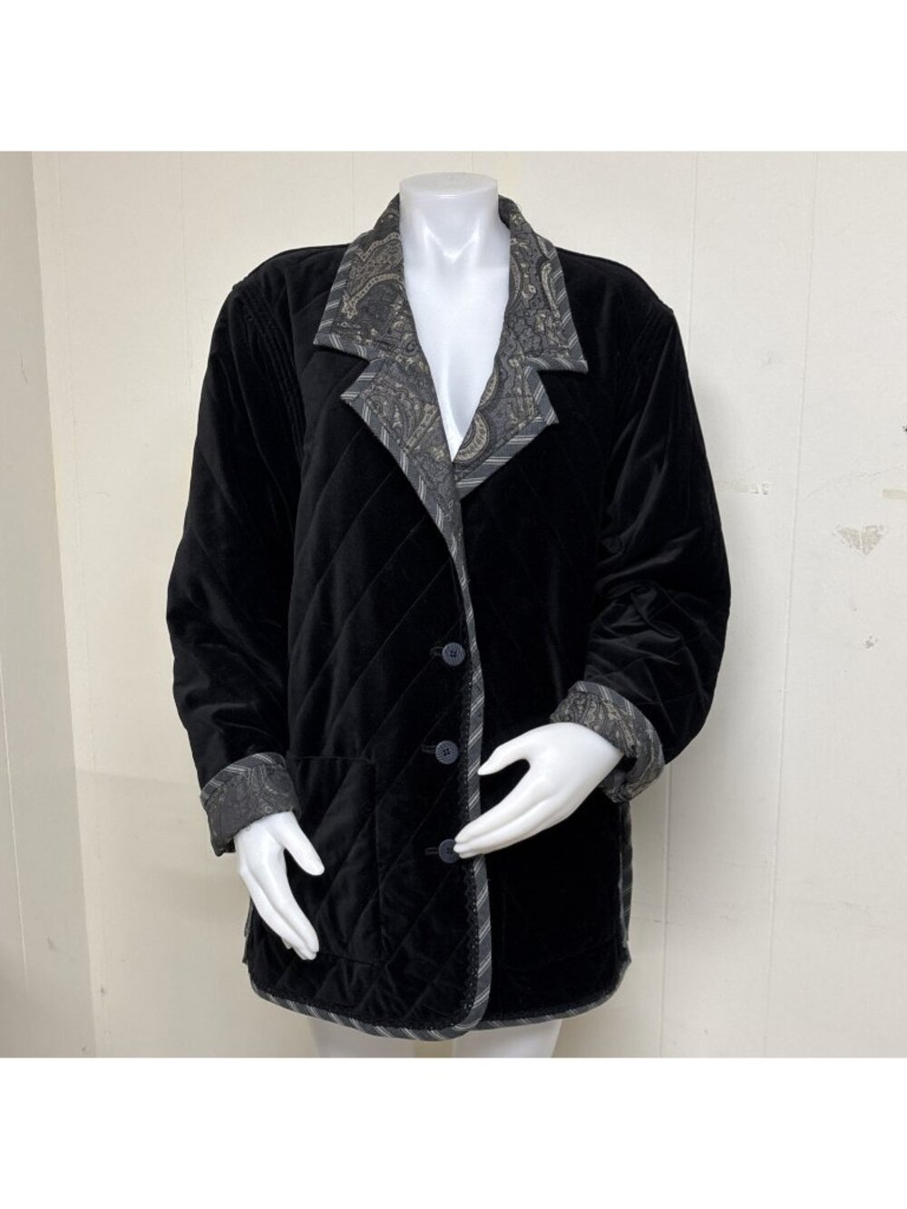 Velour Smoking Jacket Womens 1X Black Reversible Jacquard Quilted Blazer Koos of